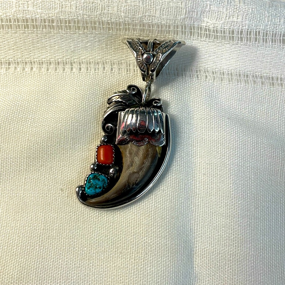 Vtg Silver Turquoise and Coral Bear Claw Pendant “Preowned “